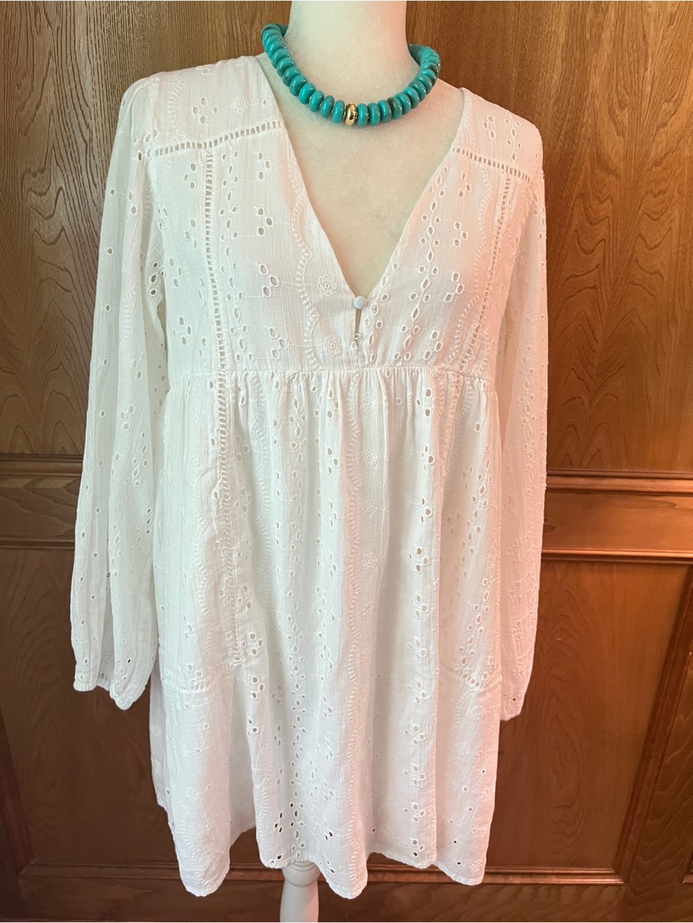 Sz XL Zara White Eyelet Vneck Long Sleeve Mini Dress - Picture 7 of 16